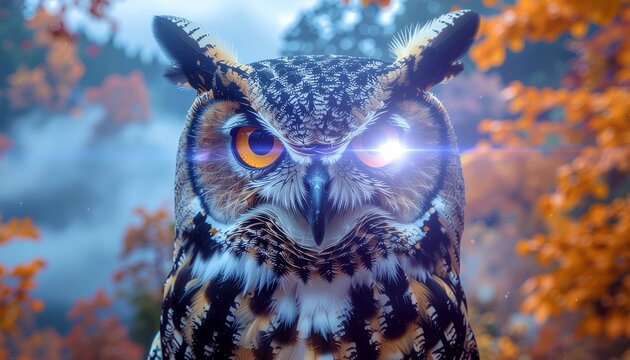 Close-up portrait of owl with intense golden eyes