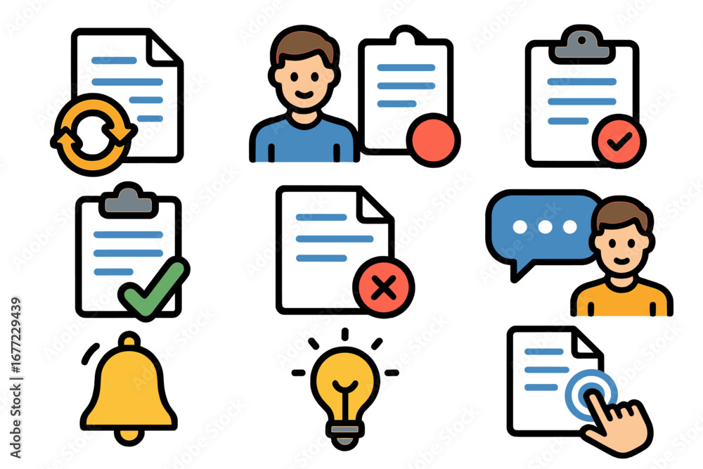 Poster business icon set for document management and user engagement. workflow tasks, approval, rejection, 