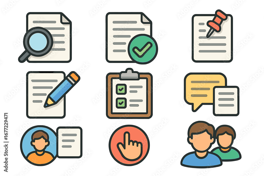 Poster flat business icons for document management. office task and user engagement symbols. digital worksp