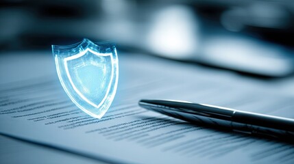 Holographic blue shield above contract with pen symbolizing trust, protection, security, and reliability in modern legal, corporate, and financial design