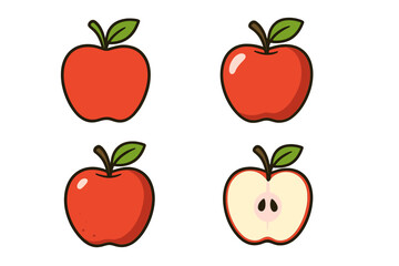 Set of red apple vector illustrations. Collection of fresh fruit icons in cartoon style. Whole apple, half slice with seeds and leaf. Healthy organic food concept for design.