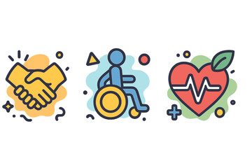 Set of icons representing collaboration, accessibility, and health. Handshake for partnership, wheelchair for disability inclusion, and heart for medical care. Vector cartoon illustration.