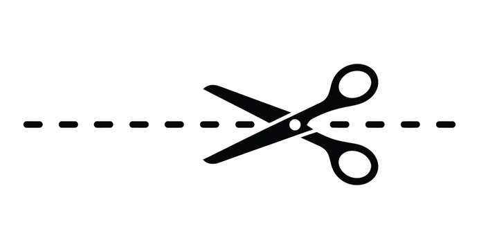  Minimalist scissors icon cutting along dashed line in black silhouette, symbolizing trimming or crafting instructions on clean background