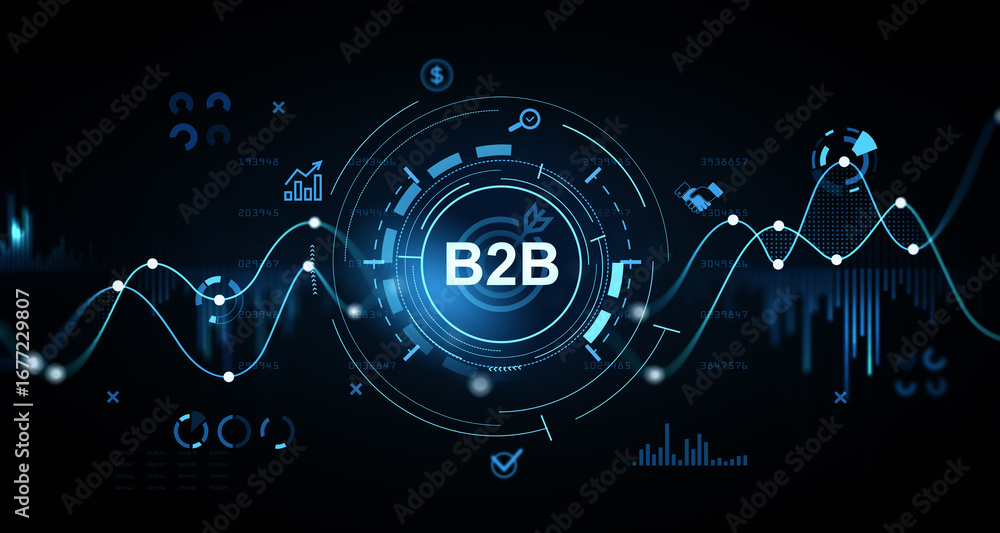 Poster b2b digital marketing and data analytics concept with futuristic interface elements and glowing grap