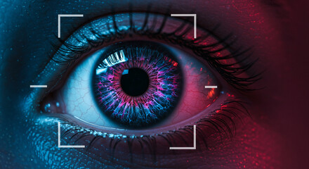 Close up of a human eye with vibrant blue and pink iris scanned by a futuristic white digital targeting frame