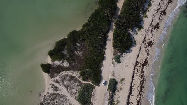 Vista a&eacute;rea de coche recorriendo la Reserva de la Biosfera de Sian Ka'an 4K