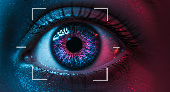 Close up of a human eye with vibrant blue and pink iris scanned by a futuristic white digital targeting frame