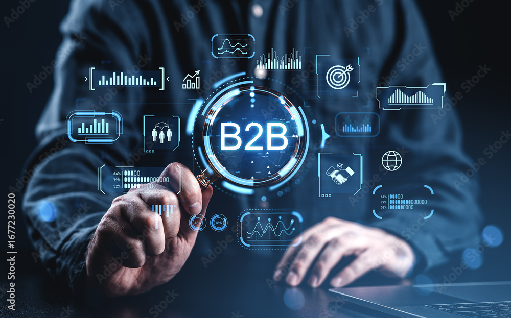 Poster business-to-business b2b digital strategy concept with futuristic data interface and analytics icons