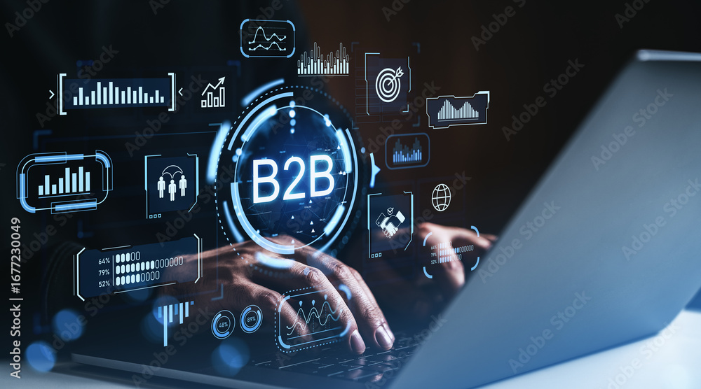 Poster b2b digital marketing technology interface concept with futuristic icons and analytics visuals over 