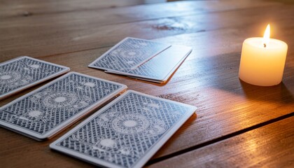 Tarot cards and candle on wooden table for reading