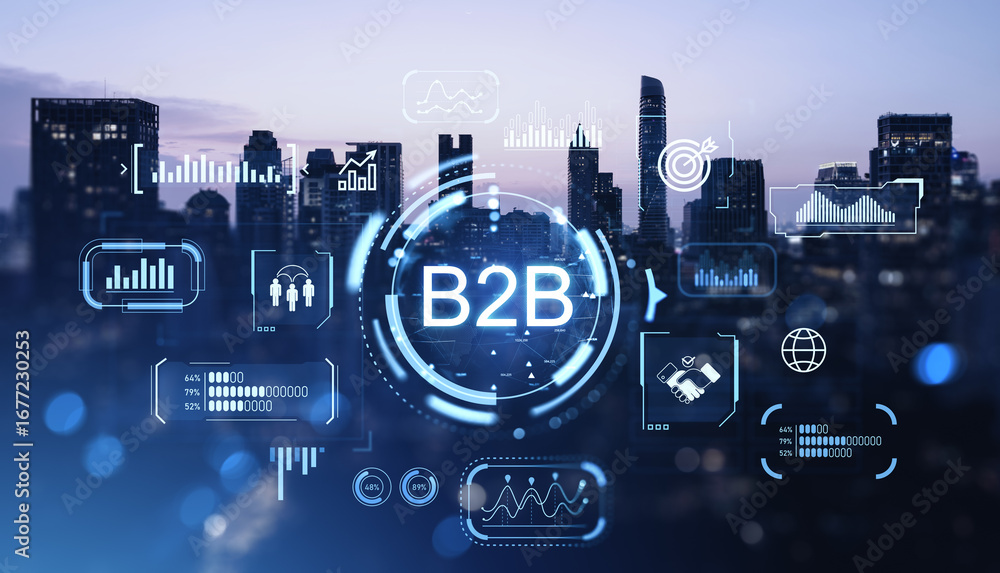 Aufkleber b2b digital interface concept with futuristic business analytics icons and graphs overlay on city sk