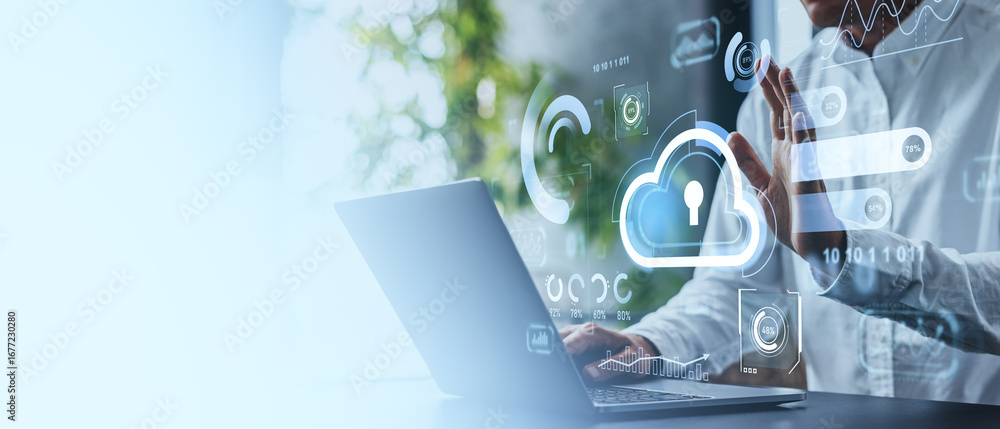 Aufkleber man interacting with cloud technology interface on laptop in mod