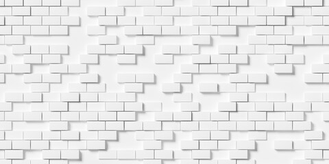 Large white boxes or bricks geometry brickwall background wallpaper banner, with random height offset and some bricks missing, flat lay top view from above