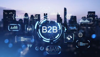 B2B digital interface concept with futuristic business analytics icons and graphs overlay on city skyline at dusk, symbolizing data-driven partnerships.