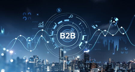 B2B digital marketing and data analytics over a modern city skyline at night.