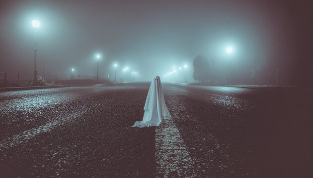 Ethereal phantom wandering a lonely, mist-filled road