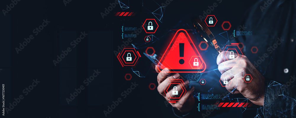 Poster cybersecurity alert concept with person analyzing data breach on smartphone using magnifying glass w