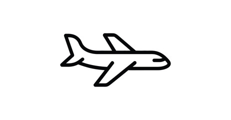 Minimalist airplane icon in side profile with bold black outline representing air travel, aviation, and transportation on clean backgroundPr 
