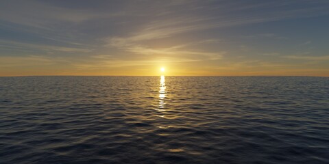 Sunset or sunrise on calm ocean seascape, selective focus, tourism or travel template background, selective focus