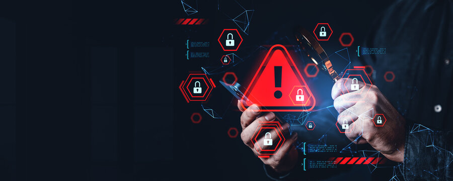 Cybersecurity alert concept with person analyzing data breach on smartphone using magnifying glass with digital padlocks and warning icons on dark background.