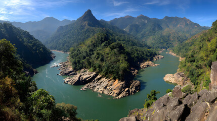 Obraz premium Verdant Mountains Meet Serene River A Picturesque Panorama of Untouched Natural Beauty and Tranquility in Southeast Asia