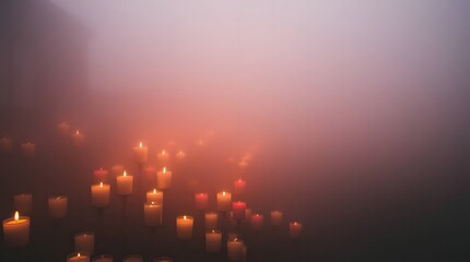 All Saints’ Day scene with candles, shrouded in thick fog