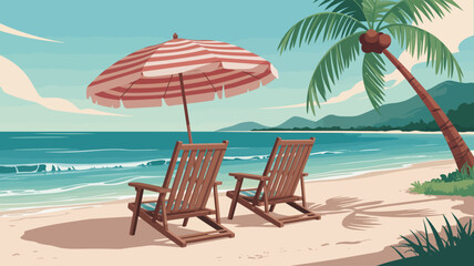  Tropical beach illustration with lounge chairs, striped umbrella, palm tree, ocean waves, and mountain backdrop under blue sky