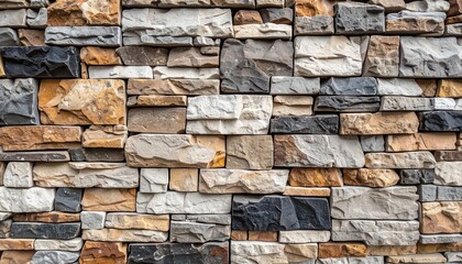 Detailed texture of a modern stone veneer wall with horizontal layers of grey, brown, and beige stones for interior or exterior design