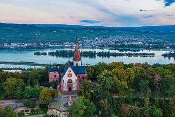 Aerial view of the Rochus Chapel in Bingen with the Rhine in the background, early morning