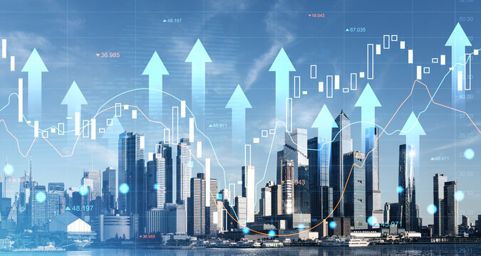Financial growth concept with stock market chart overlay on Hudson Yards Manhattan skyline, New York cityscape background with upward arrows.