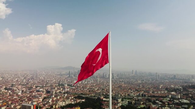Aerial Drone Forward Push-In to Turkish Flag on Hill in Istanbul Turkey &ndash; 4K City Reveal