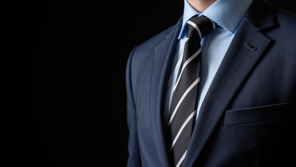 Professional man in tailored suit with striped tie, exuding confidence and elegance against dark background