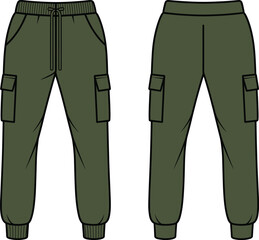 Flat fashion sketch of cargo jogger pants, front and back view, men’s streetwear design, technical clothing illustration, drawstring waistband, utility pocket vector template