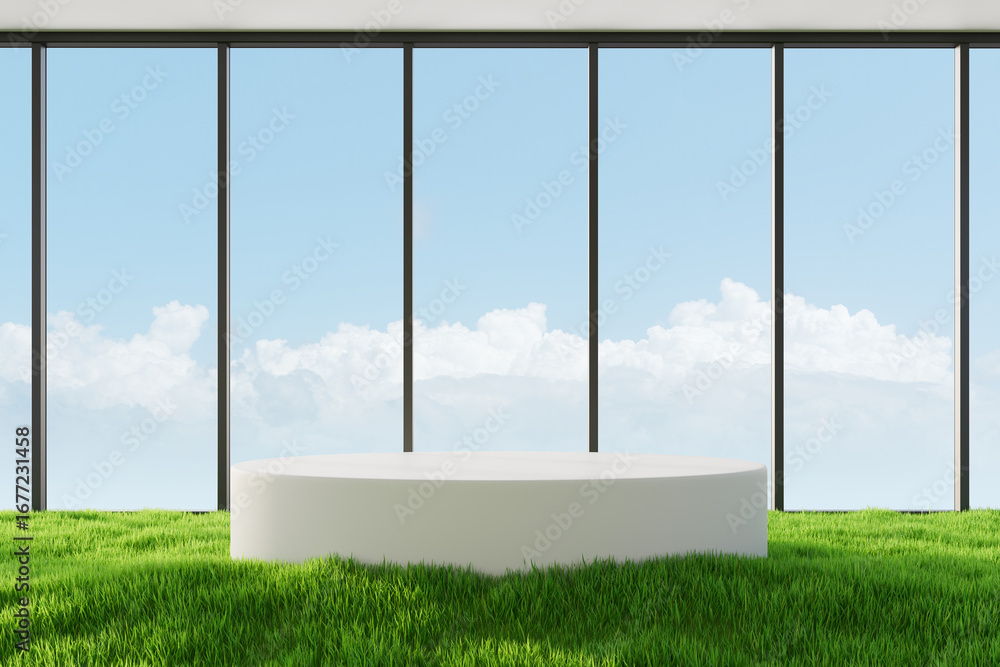 Aufkleber white round podium on green grass in bright room with panoramic windows and blue sky, ideal for prod