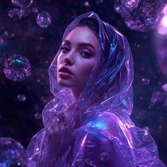 Stunning high-quality image featuring elegant woman in violet and blue garments, surrounded by floating glassy orbs with neon reflections, holographic lighting, vibrant textures, and futuristic, capti