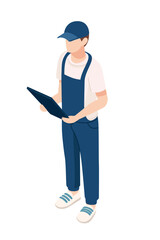 Isometric delivery worker in blue uniform with cap holding tablet. Professional courier character for logistics and shipping service apps. Business person design. Vector illustration isolated white