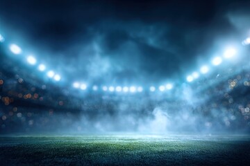 Empty stadium at night, bathed in spotlights, hazy atmosphere