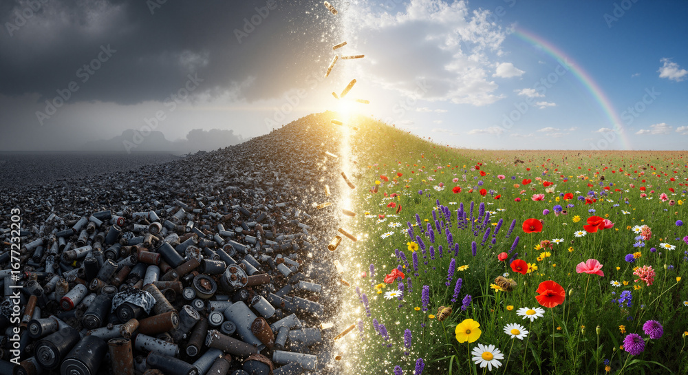Poster the image shows a field full of colorful flowers with a rainbow in the background. on the left side 
