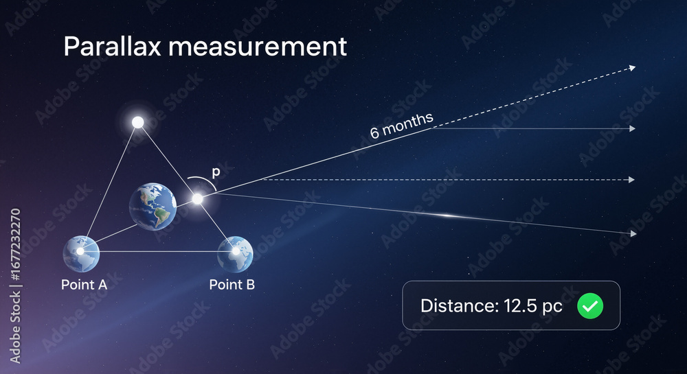 Poster the image shows a diagram of a parallax measurement with three globes in the center