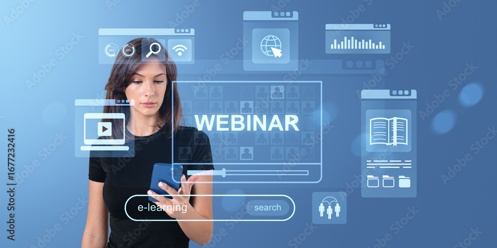 Poster woman using smartphone for e-learning surrounded by floating web