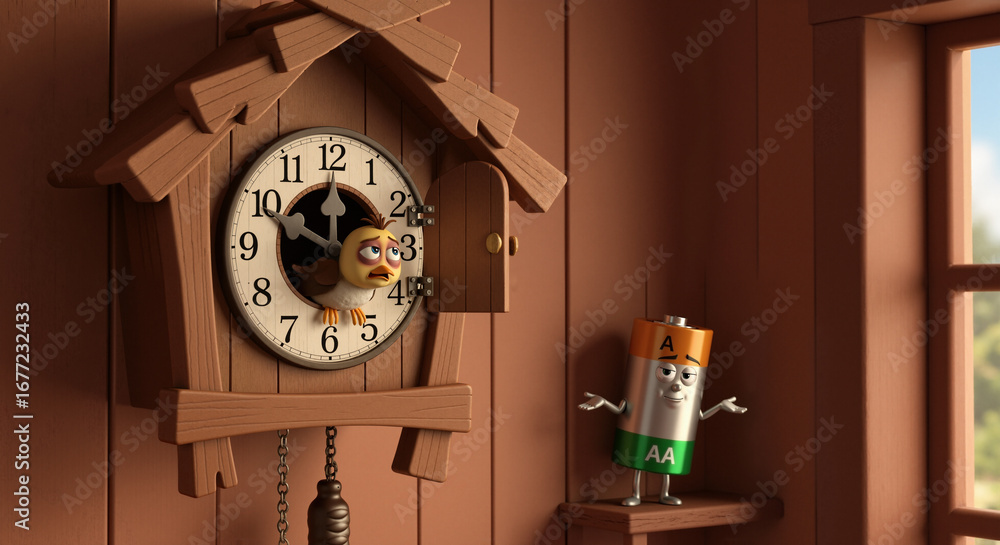 Poster the image shows a cuckoo clock hanging on the wall next to a window. the clock is brown in color and