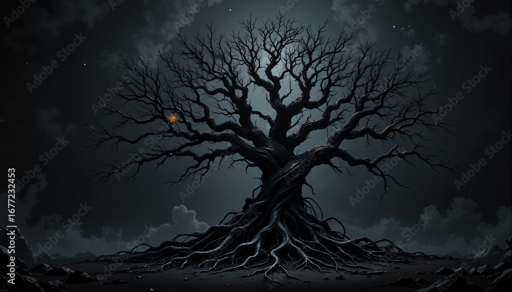 Poster the image shows a dark tree in the middle of a field at night