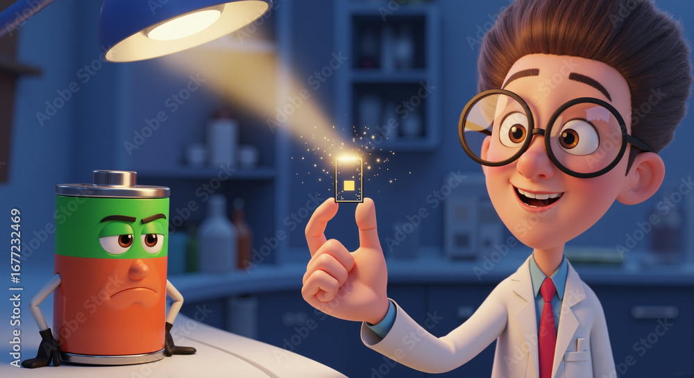 Poster the image shows an animated man in a lab coat and glasses holding up a light bulb next to a can of s