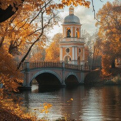 Bridge over a pond with a tower