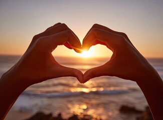 Hands forming heart shape around sunset over ocean (1)
