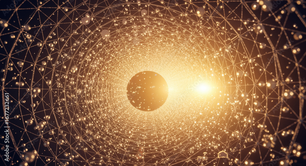 Poster the image shows a black hole in the center of a dark background with a bright light emanating from i