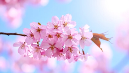 Delicate pink blossoms against a bright sky