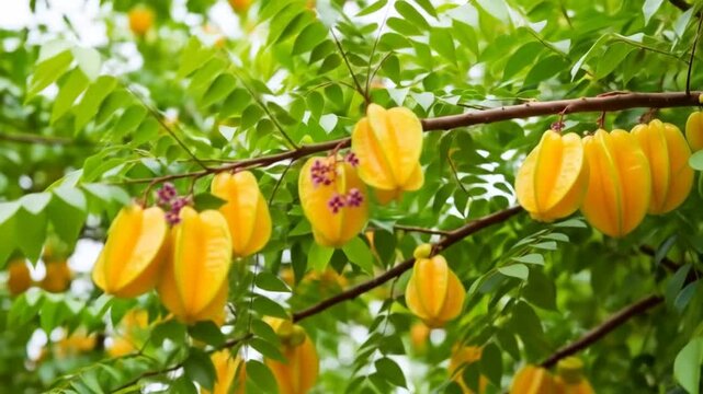 Close-up view of ripe yellow star fruits hanging from the branches of a carambola tree, surrounded by green leaves.
