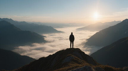 The image shows a silhouette of a man standing atop a mountain