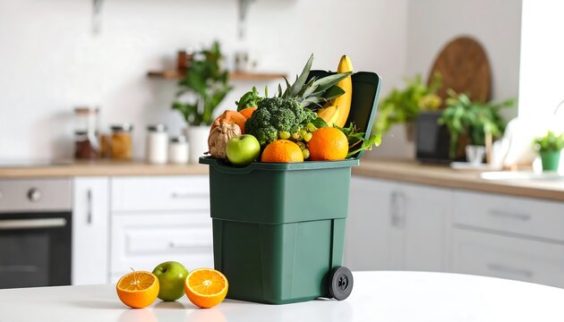 Overflowing Compost Bin with Fresh Fruits  Vegetables in Bright Kitchen Zero Waste Concept.